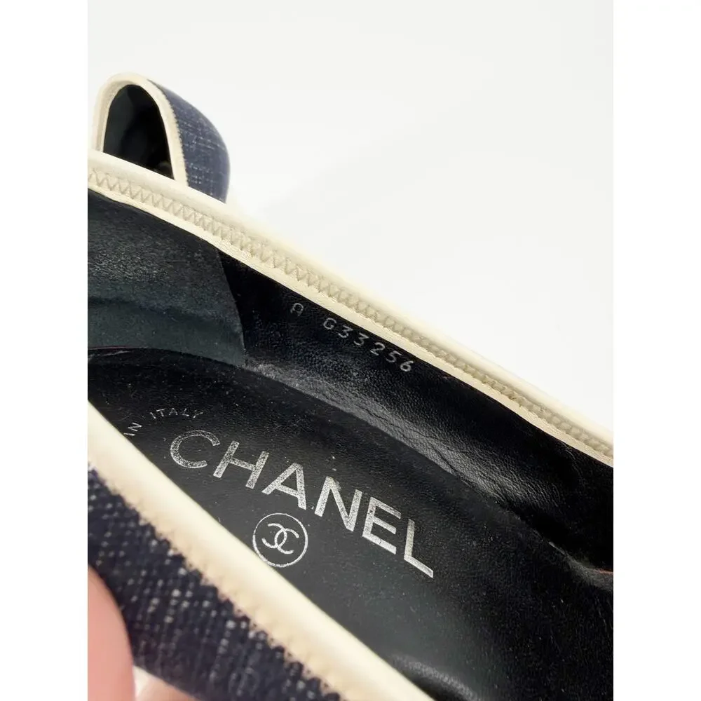 Chanel Chain Heel CC Denim Cap Toe Black Ivory Navy Pumps Block Heel 39 Box